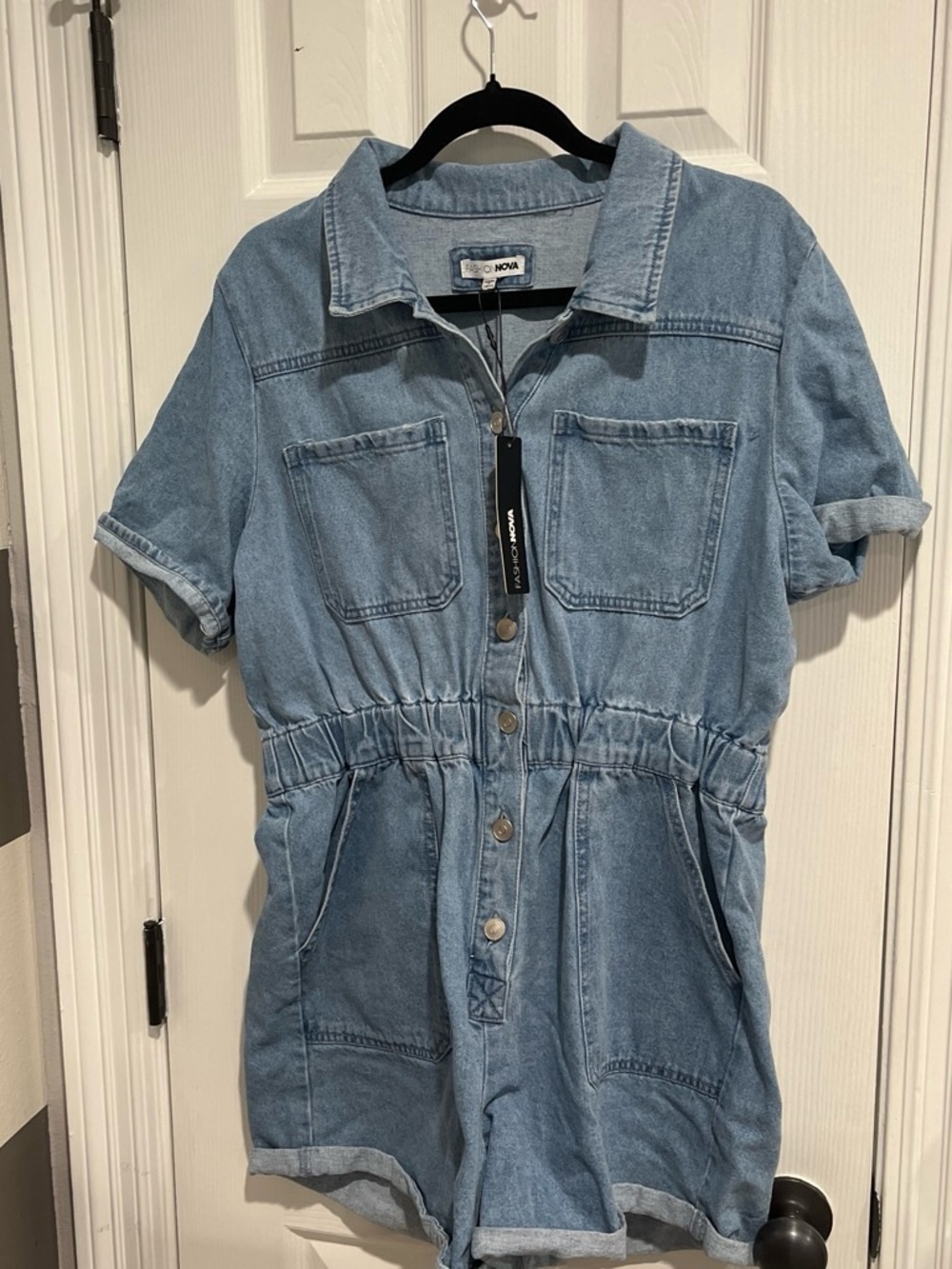 Fashion Nova Light Blue Denim Short Sleeve Romper